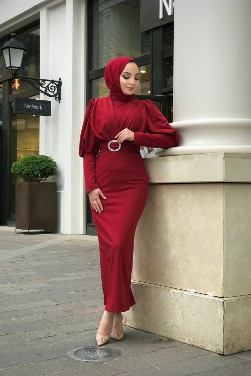 Önü Çapraz Kemerli Elbise Bordo