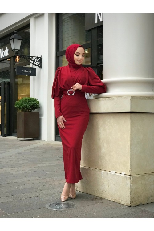 Önü Çapraz Kemerli Elbise Bordo