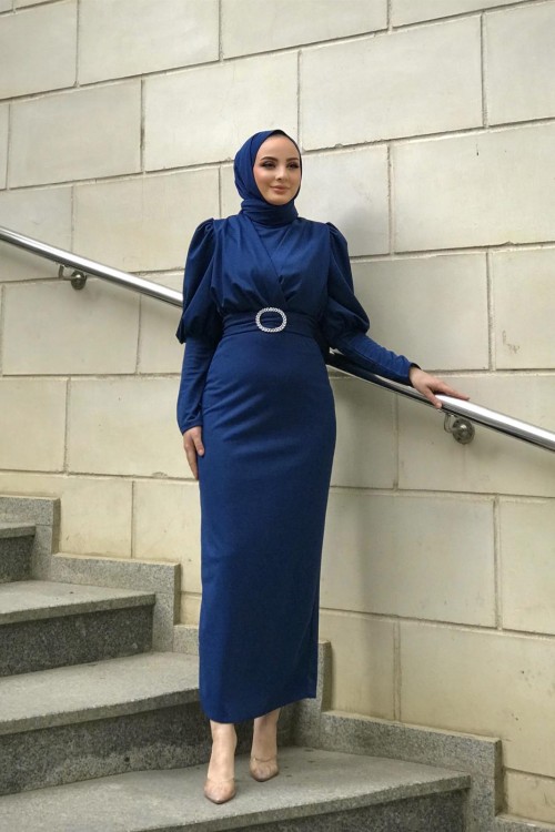 Önü Çapraz Kemerli Elbise İndigo