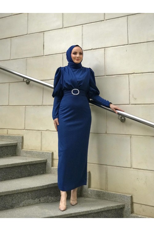 Önü Çapraz Kemerli Elbise İndigo