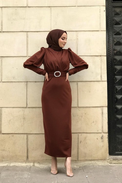 Önü Çapraz Kemerli Elbise Kiremit