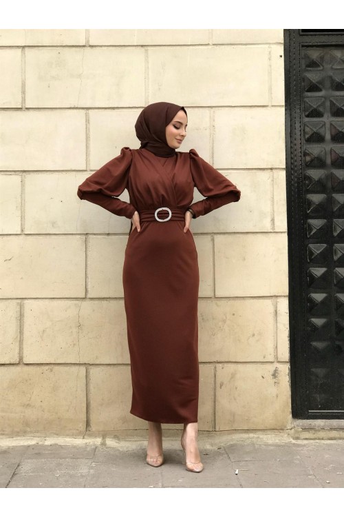 Önü Çapraz Kemerli Elbise Kiremit