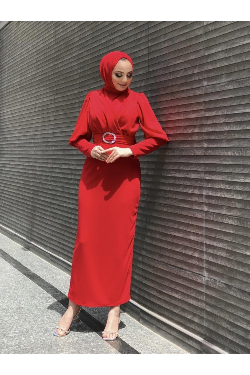 Önü Çapraz Kemerli Elbise Kırmızı