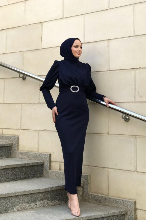 Önü Çapraz Kemerli Elbise Lacivert