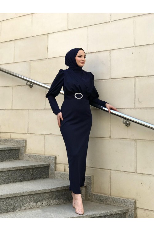 Önü Çapraz Kemerli Elbise Lacivert