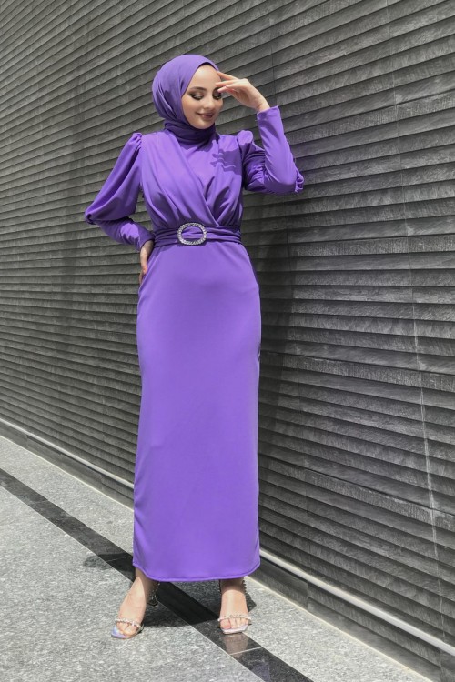 Önü Çapraz Kemerli Elbise Lila