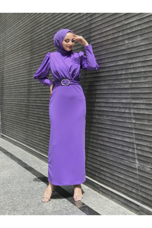 Önü Çapraz Kemerli Elbise Lila