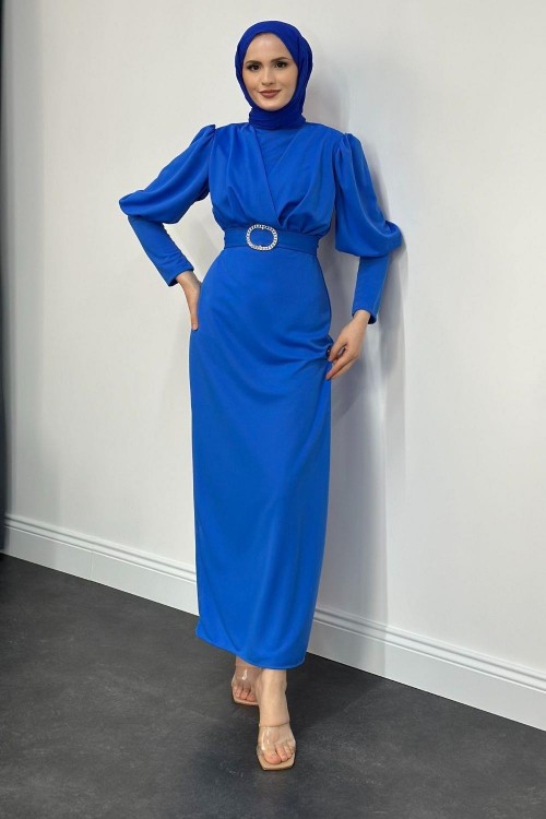 Önü Çapraz Kemerli Elbise Mavi