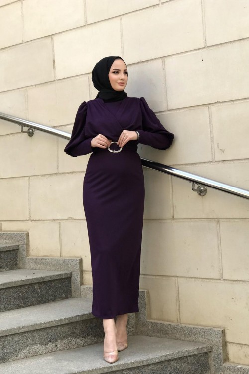 Önü Çapraz Kemerli Elbise Mürdüm