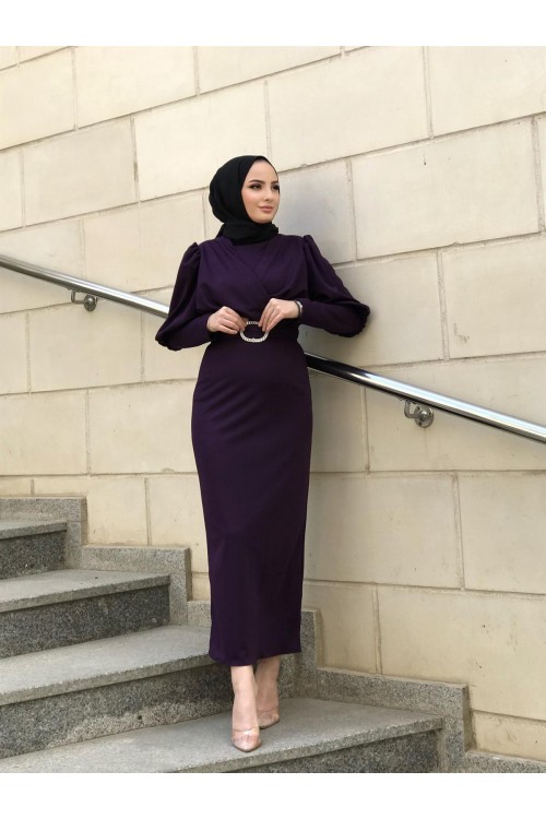 Önü Çapraz Kemerli Elbise Mürdüm