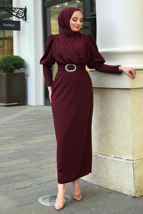 Önü Çapraz Kemerli Elbise Vişne Çürüğü