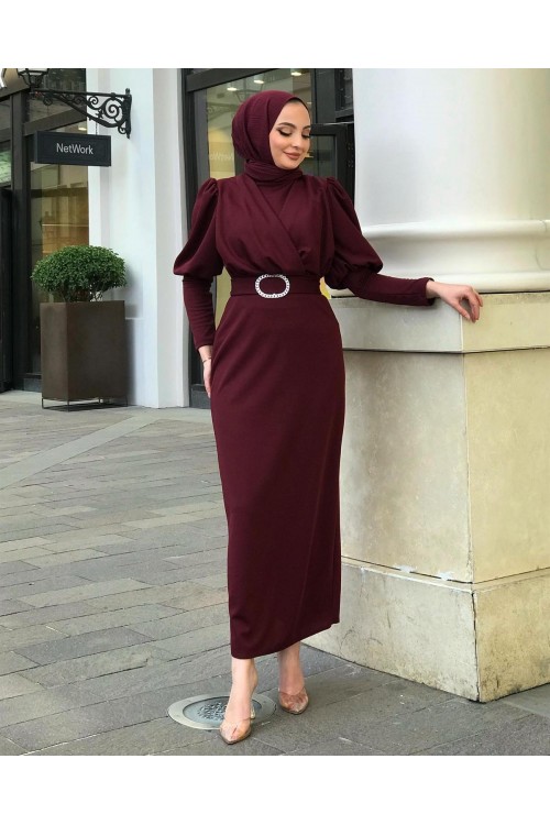 Önü Çapraz Kemerli Elbise Vişne Çürüğü