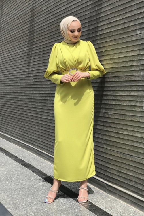 Önü Çapraz Kemerli Elbise Yağ Yeşili