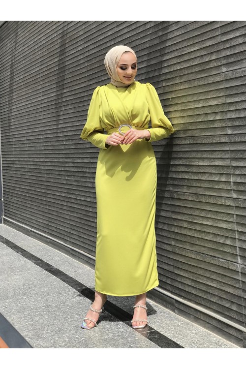 Önü Çapraz Kemerli Elbise Yağ Yeşili