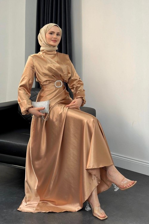 Monorika Önü Çapraz Kemerli Saten Abiye Vizon