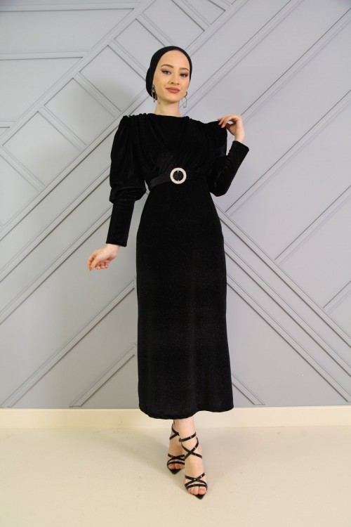 Önü Drapeli Kalem Tesettür Abiye Siyah