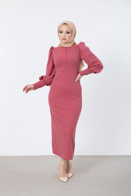 Önü Düğme Detaylı Balon Kol Tesettür Elbise Pudra