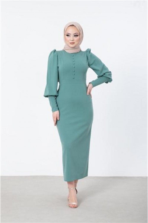 Önü Düğme Detaylı Balon Kol Tesettür Elbise Mint
