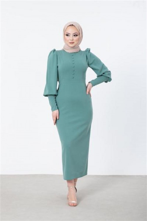 Önü Düğme Detaylı Balon Kol Tesettür Elbise Mint