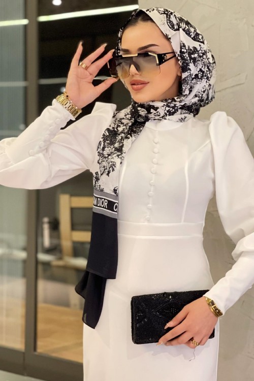 Önü Düğme Detaylı Balon Kol Tesettür Elbise Beyaz