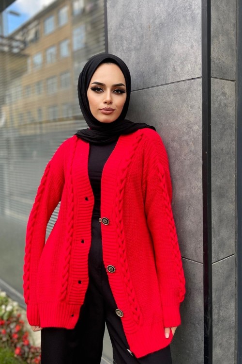 Önü Düğmeli Kısa Hırka Kırmızı