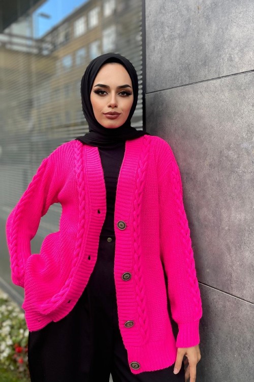 Önü Düğmeli Kısa Hırka Pembe