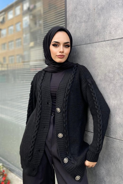 Önü Düğmeli Kısa Hırka Siyah