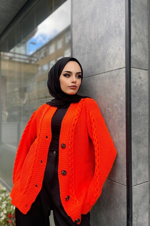 Önü Düğmeli Kısa Hırka Turuncu