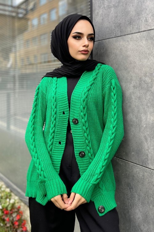 Önü Düğmeli Kısa HırkaYeşil