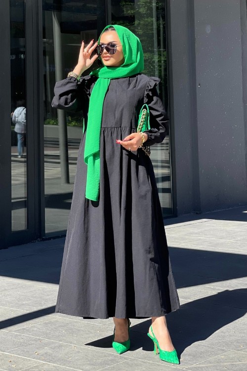 Önü Fermuarlı Kolları Fırfırlı Elbise Siyah