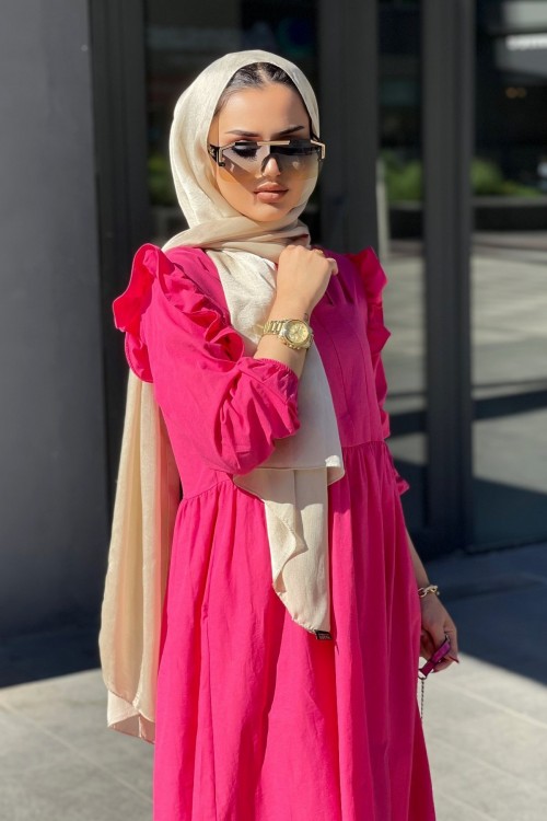 Önü Fermuarlı Kolları Fırfırlı Elbise Pembe