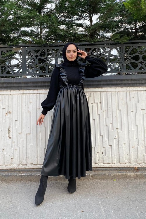 Önü Fırfırlı Derili Elbise Siyah