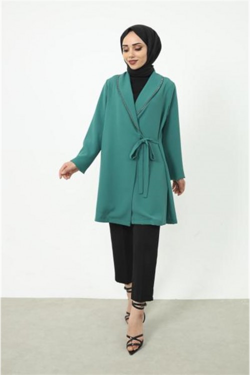 Önü İşlemeli Yandan Bağlamalı Ceket Yeşil