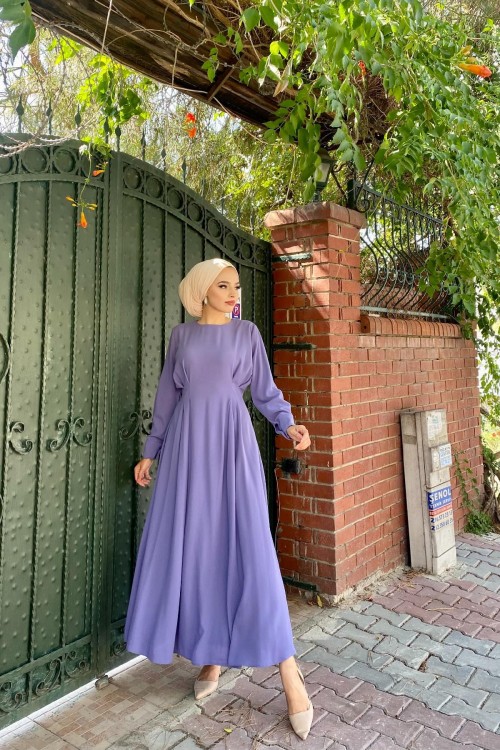 Önü Pilise Detaylı Elbise Lila
