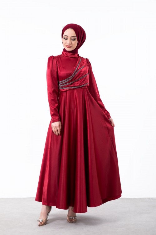 Önü Taş İşlemeli Saten Abiye Bordo