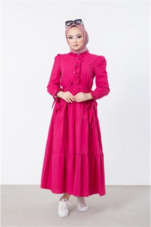 Önü ve Kolu Fırfırlı Elbise Pembe