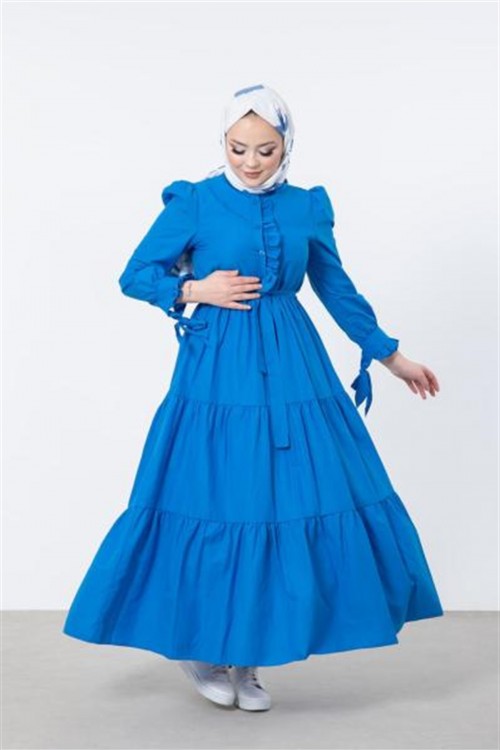 Önü ve Kolu Fırfırlı Elbise Saks Mavisi