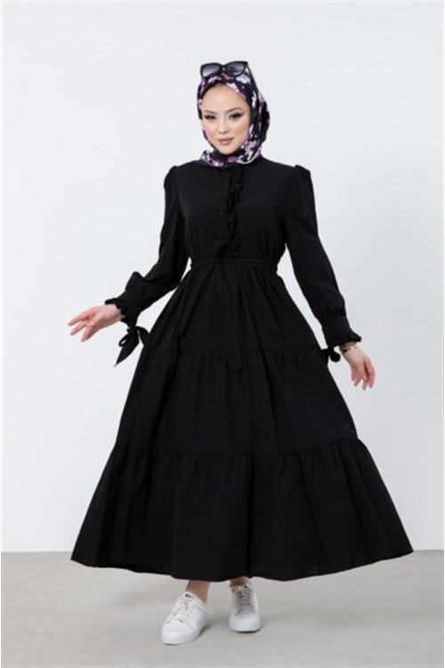 Önü ve Kolu Fırfırlı Elbise Siyah