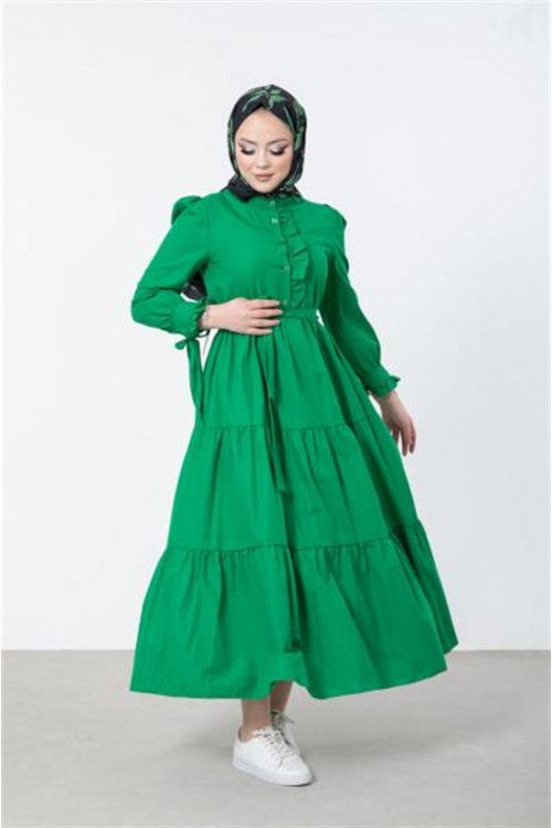 Önü ve Kolu Fırfırlı Elbise Yeşil