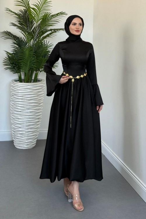 Orville Gold Kemerli Balon Etek Elbise Siyah(KEMERSİZDİR)