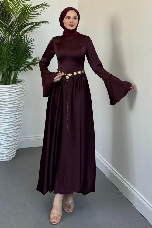 Orville Gold Kemerli Balon Etek Elbise Mürdüm(KEMERSİZDİR)