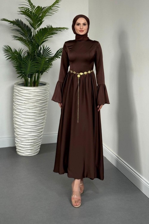 Orville Gold Kemerli Balon Etek Elbise Kahvereng(KEMERSİZ)