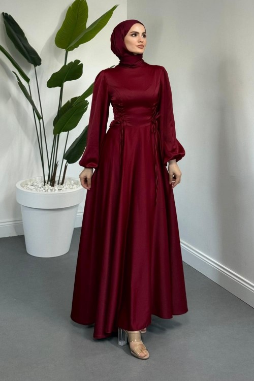 Orya Yanları Sıkmalı Saten Abiye Bordo