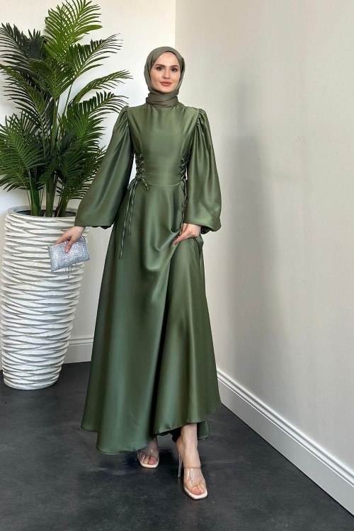 Orya Yanları Sıkmalı Saten Abiye Haki