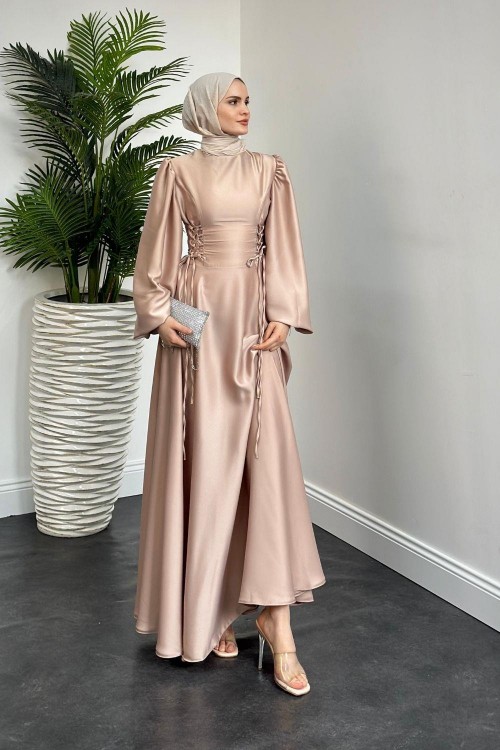 Orya Yanları Sıkmalı Saten Abiye Krem