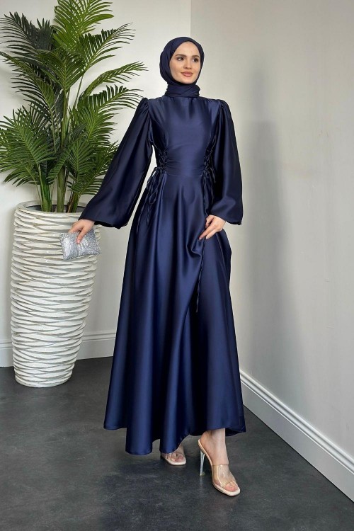 Orya Yanları Sıkmalı Saten Abiye Lacivert