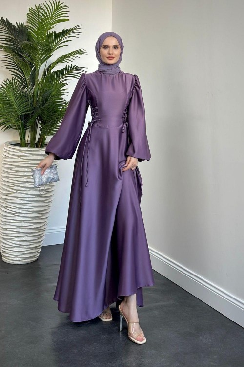 Orya Yanları Sıkmalı Saten Abiye Leylak