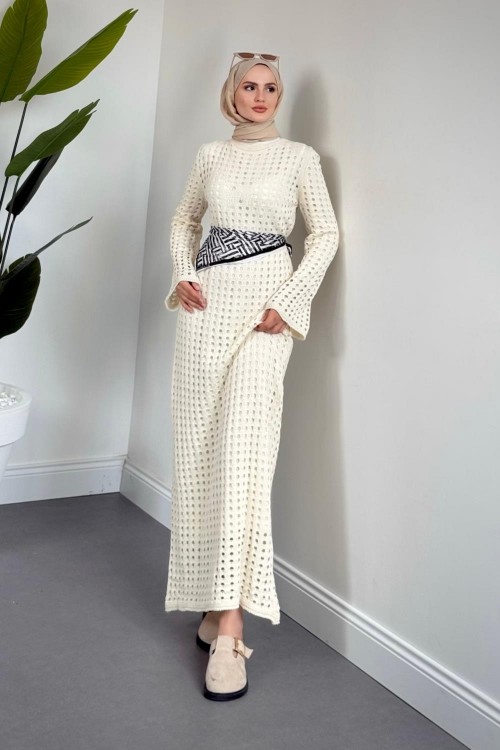 Palmiye Fileli Triko Elbise Krem