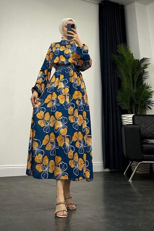 Paola Desenli Saten Elbise Lacivert