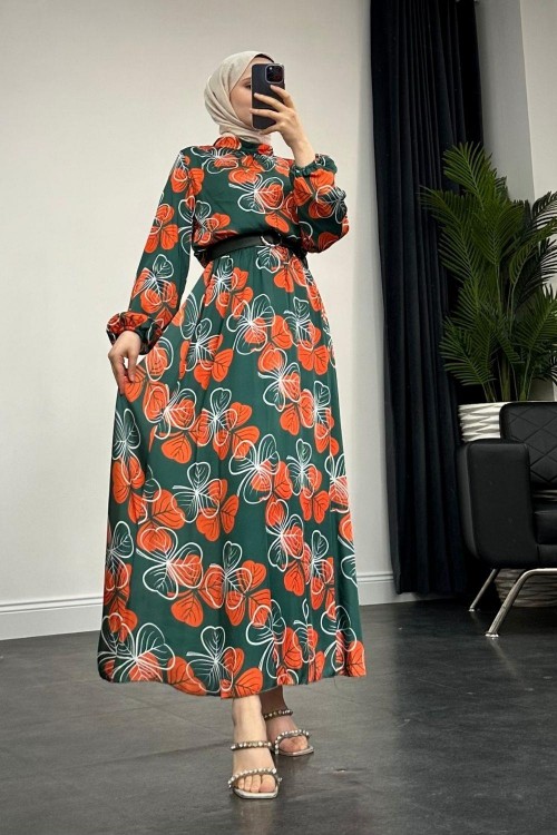 Paola Desenli Saten Elbise Yeşil